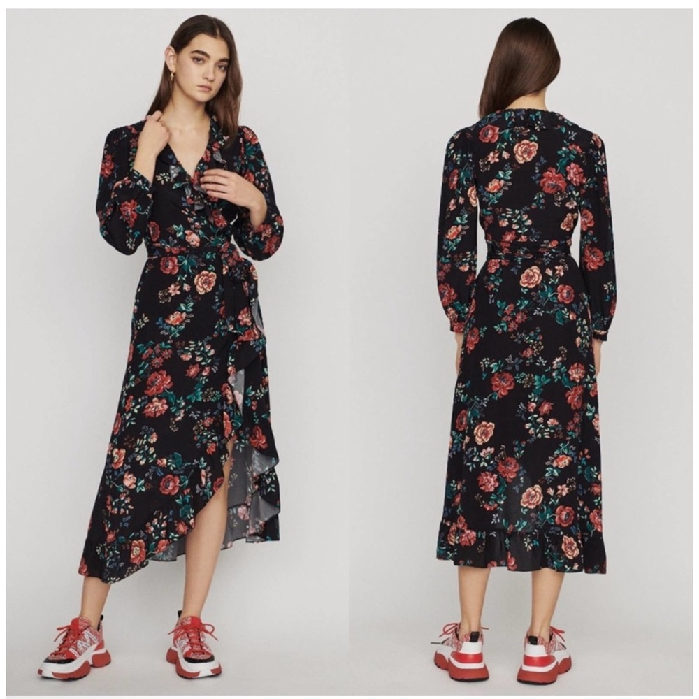 Maje Black Floral Wrap Dress